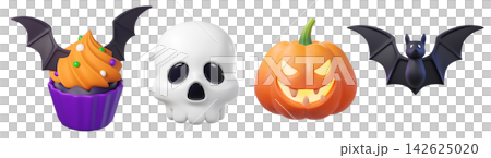 Halloween 3D icons, isolated on background. Cupcake, skull, pumpkin Jack-o-lantern, and a bat for party posters, greeting cards, stickers. Halloween 3D icons, isolated on background. Cupcake, skull, pumpkin Jack-o-lantern, and a bat for party posters, greeting cards, stickers. 142625020