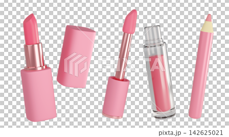 Set of pink lip products. Lipsticks, lip gloss, and lip liner pencil in sleek pink packaging. Ideal for beauty campaigns, catalogs, and branding. Set of pink lip products. Lipsticks, lip gloss, and lip liner pencil in sleek pink packaging. Ideal for beauty campaigns, catalogs, and branding. 142625021