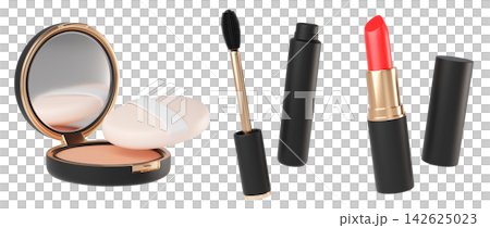 Set of professional makeup items isolated on background. Luxury Powder compact, brush, mascara, and classic red lipstick. Sleek black and gold packaging for beauty, makeup cosmetic product. 3d render Set of professional makeup items isolated on background. Luxury Powder compact, brush, mascara, and classic red lipstick. Sleek black and gold packaging for beauty, makeup cosmetic product. 3d render 142625023
