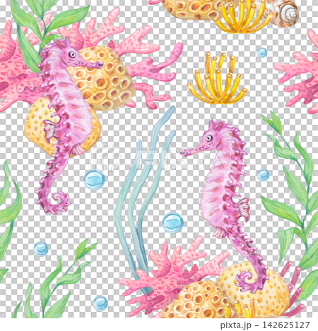 Seahorses, corals, sponges, seaweed and bubbles watercolor seamless pattern isolated on white background. Hand drawn marine Red Sea themed element for textile print, surface decor or wallpaper Seahorses, corals, sponges, seaweed and bubbles watercolor seamless pattern isolated on white background. Hand drawn marine Red Sea themed element for textile print, surface decor or wallpaper 142625127