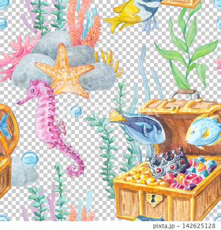 Treasure chest, crown, jewels, starfish, seahorse, tropical fish, seaweed and bubbles watercolor seamless pattern isolated on white background. Hand drawn marine Red Sea themed element Treasure chest, crown, jewels, starfish, seahorse, tropical fish, seaweed and bubbles watercolor seamless pattern isolated on white background. Hand drawn marine Red Sea themed element 142625128