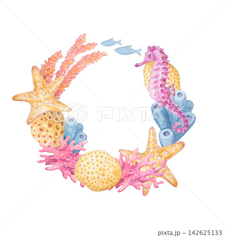 Watercolor marine frame with seahorse, coral, starfish and seaweed isolated on white background. Hand drawn underwater wreath for children invitation, birthday greeting, card or print Watercolor marine frame with seahorse, coral, starfish and seaweed isolated on white background. Hand drawn underwater wreath for children invitation, birthday greeting, card or print 142625133