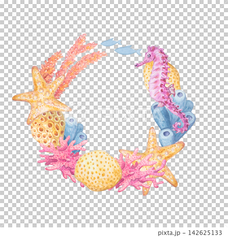 Watercolor marine frame with seahorse, coral, starfish and seaweed isolated on white background. Hand drawn underwater wreath for children invitation, birthday greeting, card or print Watercolor marine frame with seahorse, coral, starfish and seaweed isolated on white background. Hand drawn underwater wreath for children invitation, birthday greeting, card or print 142625133
