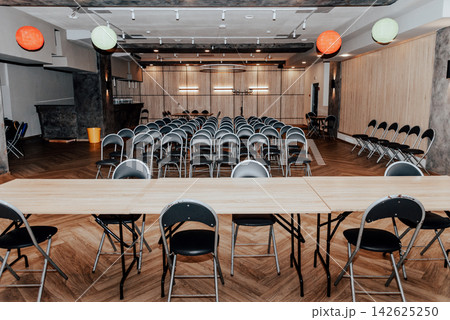 Interior of large classroom, student class at institute, conference hall lecture 142625250