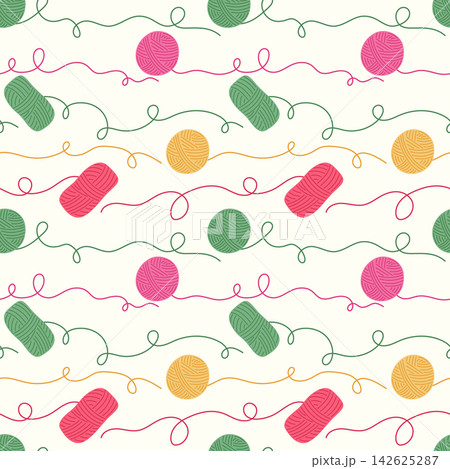 Yarn balls seamless pattern vector illustration. Colorful skeins and balls of wool yarn with wavy threads on light off-white background. Knitting and crochet craft supplies repeat tile design Yarn balls seamless pattern vector illustration. Colorful skeins and balls of wool yarn with wavy threads on light off-white background. Knitting and crochet craft supplies repeat tile design 142625287