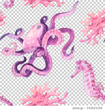 Octopus, seahorse and corals watercolor seamless pattern isolated on white background. Hand drawn marine element for nautical theme design, textile print, surface decor or wallpaper Octopus, seahorse and corals watercolor seamless pattern isolated on white background. Hand drawn marine element for nautical theme design, textile print, surface decor or wallpaper 142625294
