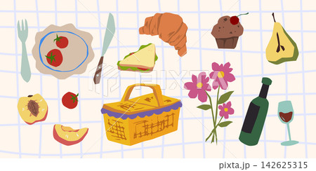 Hand drawn picnic blanket, brunch food and wine 142625315
