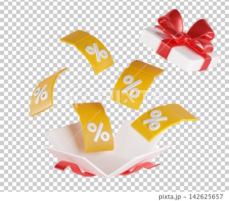 Promo scene with a red gift box and floating yellow percent coupons. Ideal for sales, discounts, and ecommerce campaigns. 142625657