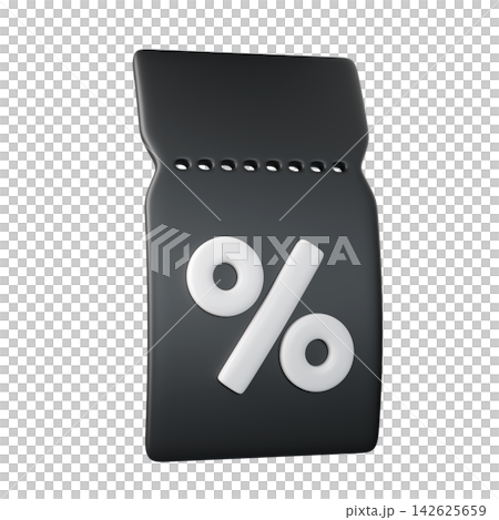 3d black discount tag with percent symbol, isolated on background. Modern promo banner for sales, coupons, and ecommerce campaigns. 142625659