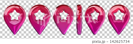 Set of Crystal glass pink location pins with a star cutout. Glossy 3D icon isolated on background for maps, UI, GPS, travel, branding. 3d render Set of Crystal glass pink location pins with a star cutout. Glossy 3D icon isolated on background for maps, UI, GPS, travel, branding. 3d render 142625734