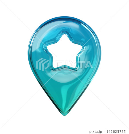 Crystal glass turquoise location pin with a star cutout. Glossy 3D icon isolated on background for maps, UI, GPS, travel, branding. 3d render 142625735