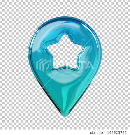 Crystal glass turquoise location pin with a star cutout. Glossy 3D icon isolated on background for maps, UI, GPS, travel, branding. 3d render Crystal glass turquoise location pin with a star cutout. Glossy 3D icon isolated on background for maps, UI, GPS, travel, branding. 3d render 142625735