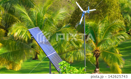 Solar panels with wind turbine. Concept of clean energy. Green technology for future. Solar panels with wind turbine. Concept of clean energy. Green technology for future. 142625743