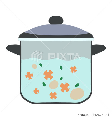 Simmering Pot With Lid And Vegetables Flat Vector 142625981