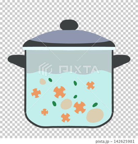 Simmering Pot With Lid And Vegetables Flat Vector Simmering Pot With Lid And Vegetables Flat Vector 142625981