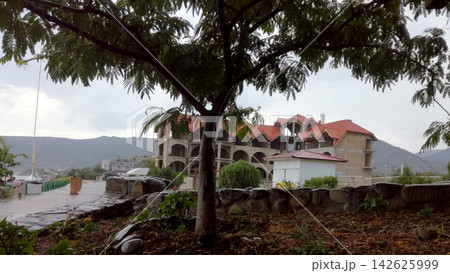 residential complex with red roofs behind tree crown against mountains residential complex with red roofs behind tree crown against mountains 142625999