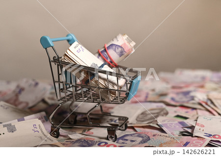 shopping cart containing rolled Ukrainian hryvnia cash bills sits on background of banknotes. shopping cart containing rolled Ukrainian hryvnia cash bills sits on background of banknotes. 142626221