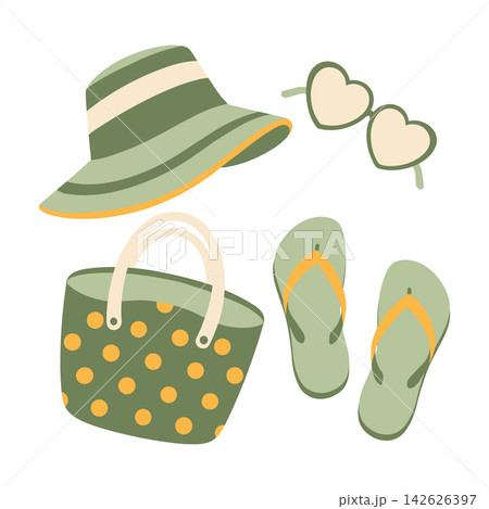Set of green yellow summer beach accessories. Sunglasses, hat, sandals, beach bag. Vacation items illustration. 142626397