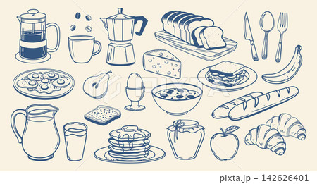 Breakfast icons set. Milk jug coffee pot cup juice sandwiches fried eggs pancakes toast with jam croissant cheese and cereal with milk. Hand drawn sketch. Breakfast icons set. Milk jug coffee pot cup juice sandwiches fried eggs pancakes toast with jam croissant cheese and cereal with milk. Hand drawn sketch. 142626401