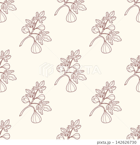 Fig Branch Seamless Pattern. Line Art Botanical Texture with Ripe Fruits and Leaves on Light Beige Background. Hand Drawn. Vector Illustration/ Minimalist Organic Continuous Packaging Fabric Print. Fig Branch Seamless Pattern. Line Art Botanical Texture with Ripe Fruits and Leaves on Light Beige Background. Hand Drawn. Vector Illustration/ Minimalist Organic Continuous Packaging Fabric Print. 142626730