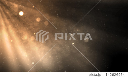 Warm golden light rays shining from the top-left with glowing bokeh circles, dust particles, and misty haze on a dark background. Smoke background Warm golden light rays shining from the top-left with glowing bokeh circles, dust particles, and misty haze on a dark background. Smoke background 142626934