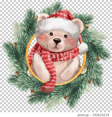 Hand-drawn illustration of a cute bear wearing a red Santa hat and scarf inside a Christmas pine wreath. Isolated on white background, perfect for winter holiday cards, festive invitations, and baby 142628234