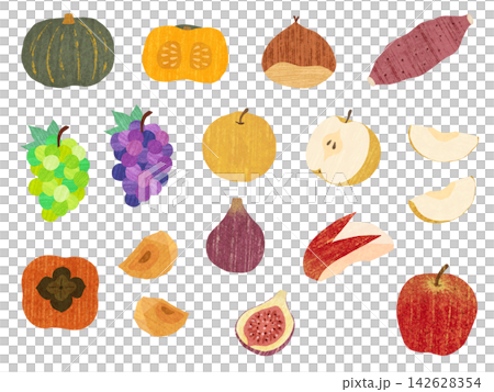 A set of hand-drawn style illustrations of autumn delicacies: vegetables and fruits. A set of hand-drawn style illustrations of autumn delicacies: vegetables and fruits. 142628354