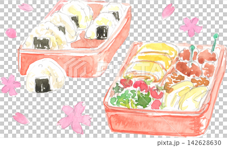 櫻花賞園野餐盒的水彩插畫。 142628630