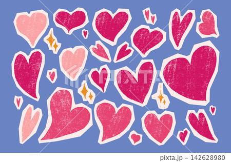 Scrapbook heart stickers with crayon texture and rough cutouts. A hand-cut collage of paper with a textured background of a doodle line sketch. Elements with torn paper edges in funky collage style Scrapbook heart stickers with crayon texture and rough cutouts. A hand-cut collage of paper with a textured background of a doodle line sketch. Elements with torn paper edges in funky collage style 142628980