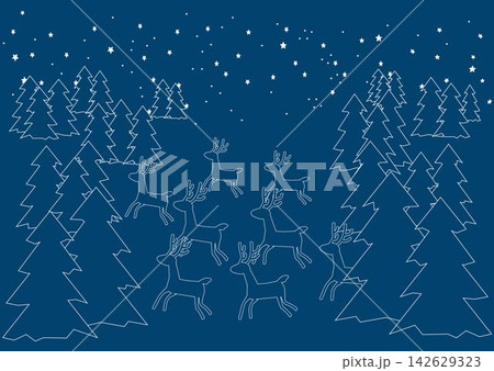 クリスマス向け青単色の線描きイラスト背景素材冬の夜、トナカイ、森林と星空 クリスマス向け青単色の線描きイラスト背景素材冬の夜、トナカイ、森林と星空 142629323