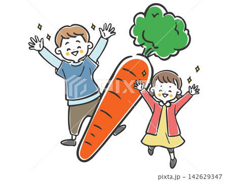 人参と喜ぶ子供たち　ベクター 142629347