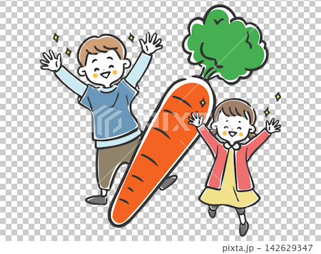 人参と喜ぶ子供たち　ベクター 142629347
