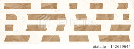 Vector crumpled washi tape kraft paper graphic design elements, brown masking tape with halftone wrinkled texture for journaling and scrapbooking 142629644