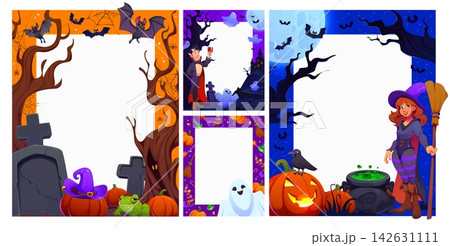 Happy Halloween holiday photo frames with cartoon witch and dracula characters. Funny Halloween pumpkins, ghosts and bats, cute witch and vampire at horror night cemetery photo frame borders set 142631111