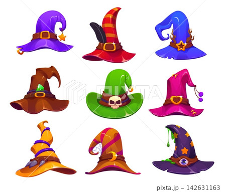Cartoon Halloween witch, wizard and sorcerer hats with crooked tips, wide brims, fantasy buckles, belts and charms, jewels and skull symbols. Vector Halloween holiday witch character costume hats set Cartoon Halloween witch, wizard and sorcerer hats with crooked tips, wide brims, fantasy buckles, belts and charms, jewels and skull symbols. Vector Halloween holiday witch character costume hats set 142631163