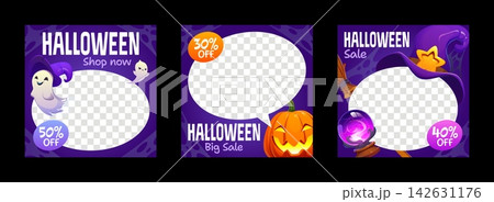 Halloween sale templates, autumn discount banners. Fall season sale vector flyer, store Autumn discount coupon. Halloween holiday deal offer banner with ghost cartoon characters, pumpkin and witch hat Halloween sale templates, autumn discount banners. Fall season sale vector flyer, store Autumn discount coupon. Halloween holiday deal offer banner with ghost cartoon characters, pumpkin and witch hat 142631176