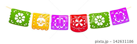 Mexican Day of the Dead party cartoon paper garland. Day of Dead festival paper cut flags, Mexican carnival papel picado vector garland. Dia de Los Muertos decoration with cutout skull and flowers 142631186