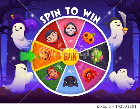 Halloween luck spin, casino gamble roulette. Halloween party gamble machine, money gambling spin game. Fortune wheel with ghosts, vampire, zombie, devil and witch black cat cute cartoon characters Halloween luck spin, casino gamble roulette. Halloween party gamble machine, money gambling spin game. Fortune wheel with ghosts, vampire, zombie, devil and witch black cat cute cartoon characters 142631201