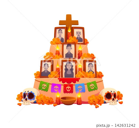 Day of the Dead Mexican ofrenda altar. Day of the Dead carnival attribute, Dia de Los Muertos vector object. Hispanic culture holiday ofrenda altar with family members pictures, candles and flowers Day of the Dead Mexican ofrenda altar. Day of the Dead carnival attribute, Dia de Los Muertos vector object. Hispanic culture holiday ofrenda altar with family members pictures, candles and flowers 142631242