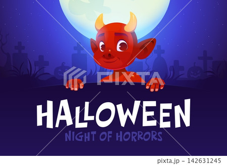 Halloween banner, night of horrors holiday poster with red devil. October horror party vector flyer, Halloween celebration banner with cute devil kid or red demon character, moon and cemetery graves Halloween banner, night of horrors holiday poster with red devil. October horror party vector flyer, Halloween celebration banner with cute devil kid or red demon character, moon and cemetery graves 142631245