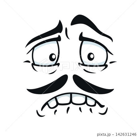 Cartoon scared face emoji with mustache featuring bulging worried eyes, furrowed brows and gritted teeth showing panic. Expressive emotional face for chat apps, kids games and social media stickers 142631246