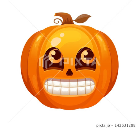 Cartoon grinning Halloween pumpkin face emoji character icon with wide eyes and toothy smile. Vector jack lantern emoticon with mischievous expression captures festive spirit and spooky holiday fun Cartoon grinning Halloween pumpkin face emoji character icon with wide eyes and toothy smile. Vector jack lantern emoticon with mischievous expression captures festive spirit and spooky holiday fun 142631289