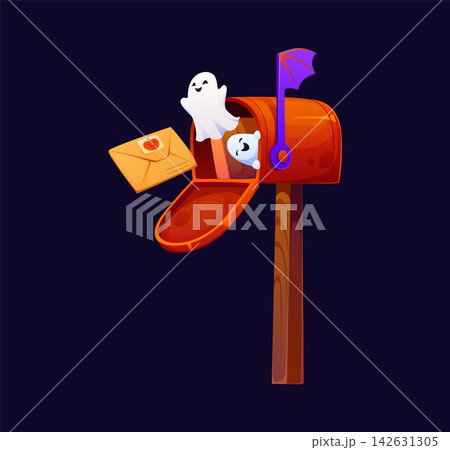 Cartoon cute Halloween ghost characters emerging from a red mailbox alongside a stamped envelope with a pumpkin seal, conveying festive surprise and friendly spookiness for seasonal holiday greetings Cartoon cute Halloween ghost characters emerging from a red mailbox alongside a stamped envelope with a pumpkin seal, conveying festive surprise and friendly spookiness for seasonal holiday greetings 142631305
