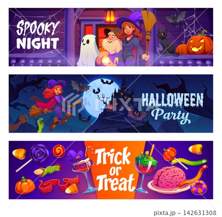 Halloween night party banners with holiday characters and sweets. Halloween celebration card, horror holiday poster with witch, wizard and ghost, haunted castle, finger, brain and worm spooky sweets Halloween night party banners with holiday characters and sweets. Halloween celebration card, horror holiday poster with witch, wizard and ghost, haunted castle, finger, brain and worm spooky sweets 142631308