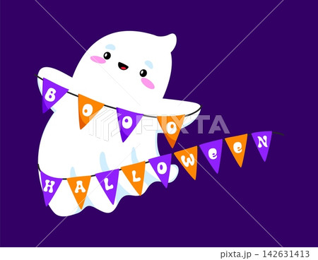Cute kawaii ghost holding boo Halloween garland with purple and orange flags. Happy ghost character with festive Halloween bunting. Vector banner with pennants and word boo for Halloween party Cute kawaii ghost holding boo Halloween garland with purple and orange flags. Happy ghost character with festive Halloween bunting. Vector banner with pennants and word boo for Halloween party 142631413