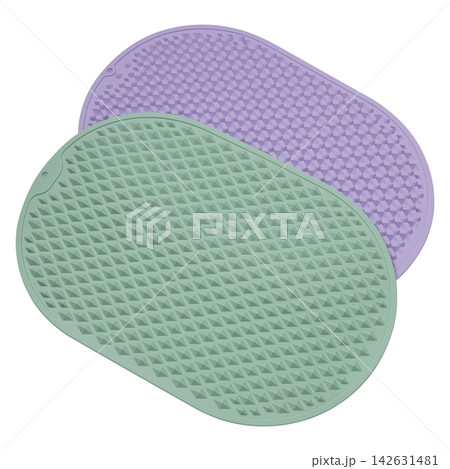 Pair of green and purple acupressure foot massage mats isolated on white background 142631481