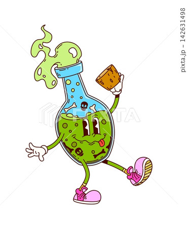 Groovy Halloween potion bottle character with green elixir, skulls and bones inside. Funky cartoon flask with smoke and cork in hand. Vector smiling cute retro mascot with psychedelic 70s vibe 142631498