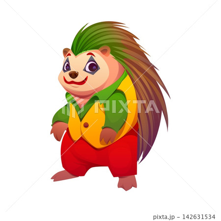 Cartoon hedgehog Halloween animal character, cheerful personage dressed as Joker villain in colorful costume with green shirt, yellow vest and red pants standing and smiling ready for festive party 142631534