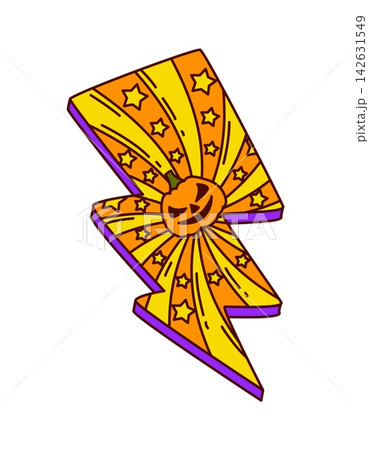 Groovy cartoon Halloween lightning bolt with orange pumpkin and funky, swirling, psychedelic stripes. Vector retro thunderbolt with hippie vibe for Halloween holiday decoration Groovy cartoon Halloween lightning bolt with orange pumpkin and funky, swirling, psychedelic stripes. Vector retro thunderbolt with hippie vibe for Halloween holiday decoration 142631549