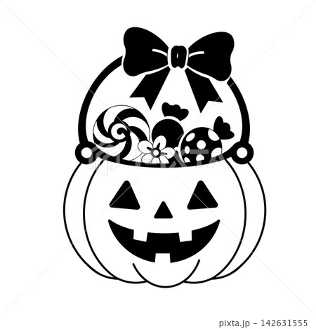 キャンディを詰めたジャックオランタン型ハロウィンバスケットのイラスト（白黒） 142631555